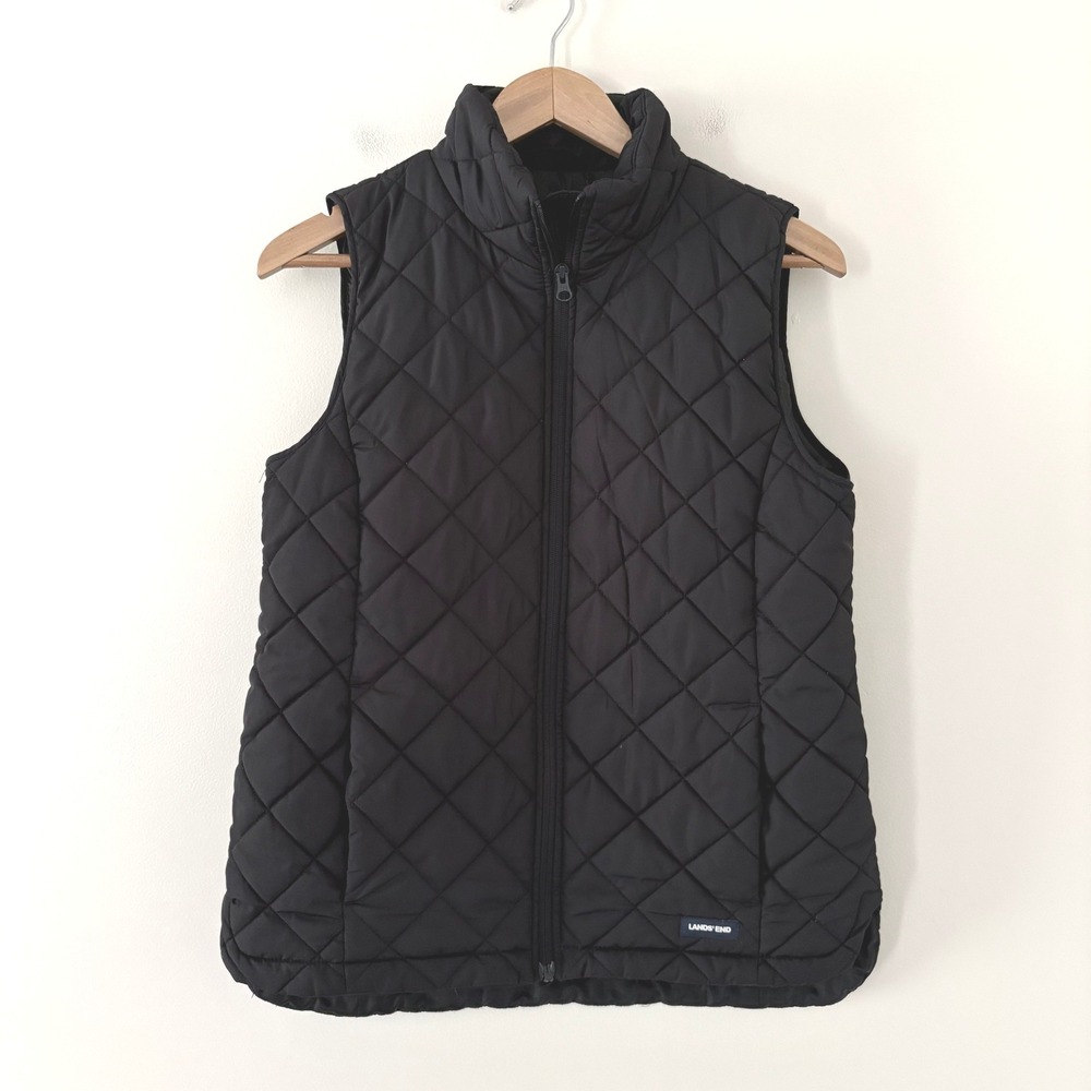 Lands' End Vest Quilted Puffer Small Black Classic Diamond Pattern Sleeveless
